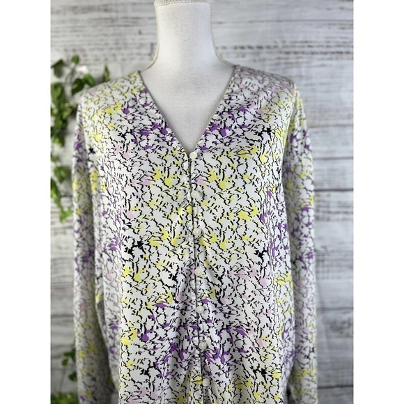 Liz Claiborne Blouse Tunic size Large Purple Yellow Floral Modest Career Slim - Picture 3 of 12
